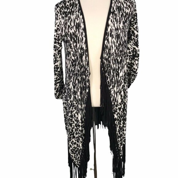 Ella Moss Womens Black & White Fringed Open Front Cardigan L - Picture 1 of 9